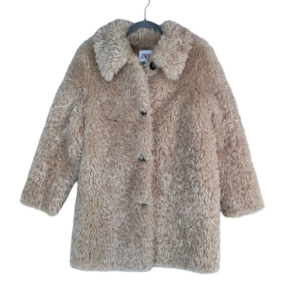 ZARA Brown Plush Coat Jacket Size M Tan Faux Fur Sherpa Winter